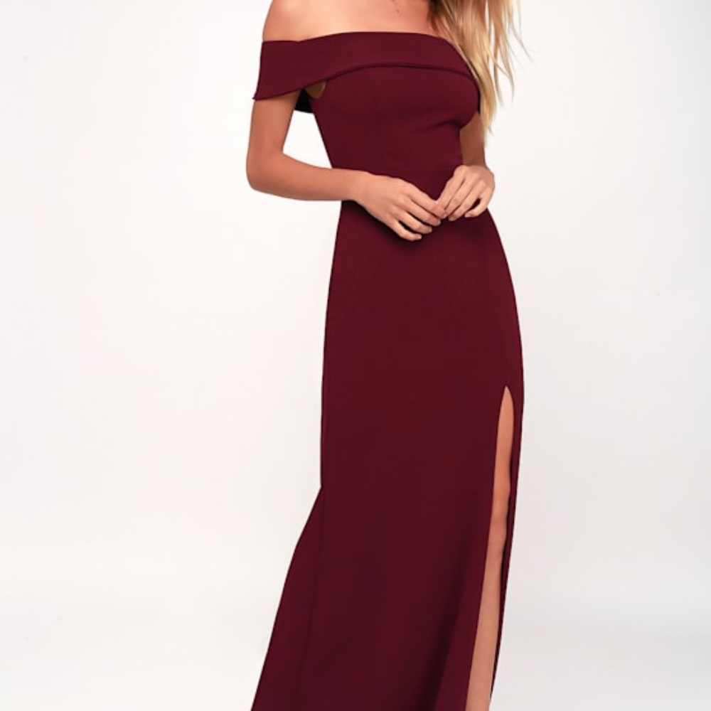 Lulus Aveline Burgundy Off-the-shoulder Maxi Dress Purple - Size XS